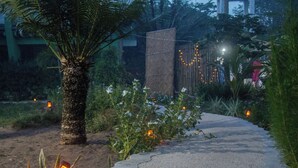 A paved pathway in a garden area with a palm tree, various plants, and string lights. - Moonlight Resort (Daanbantayan)