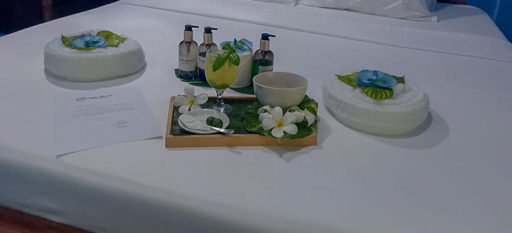 Une table blanche sur laquelle se trouve un plateau de nourriture, comprenant un gâteau décoré de motifs bleus et verts, un verre contenant une boisson et un bol. On y trouve également des bouteilles de savon pour les mains et un menu.