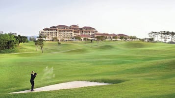 Enjoy a round of golf on our well-maintained course, surrounded by lush landscaping and a beautiful hotel.