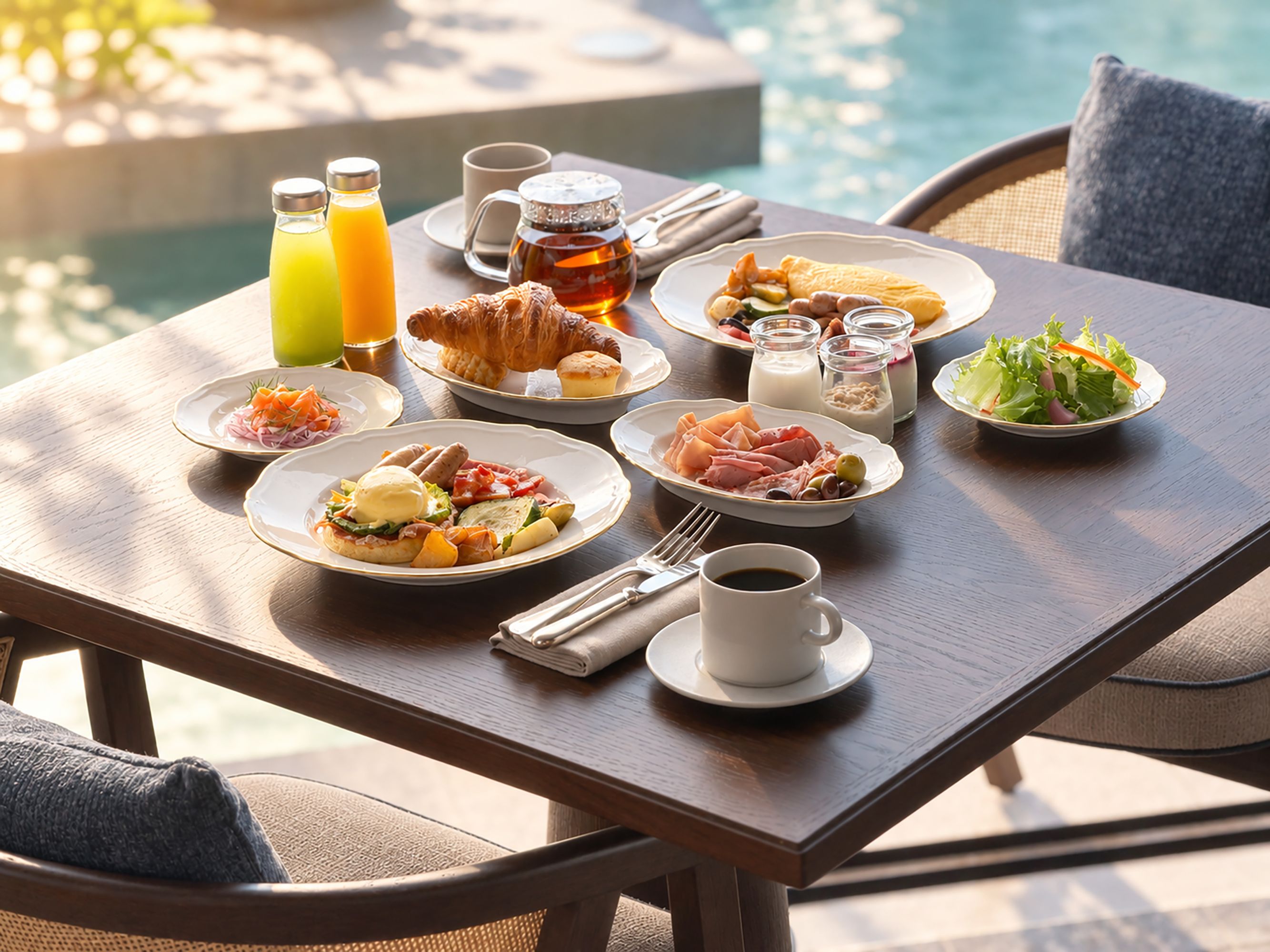 Una mesa de comedor con alimentos para el desayuno, como huevos, carnes y verduras, cerca de una piscina.