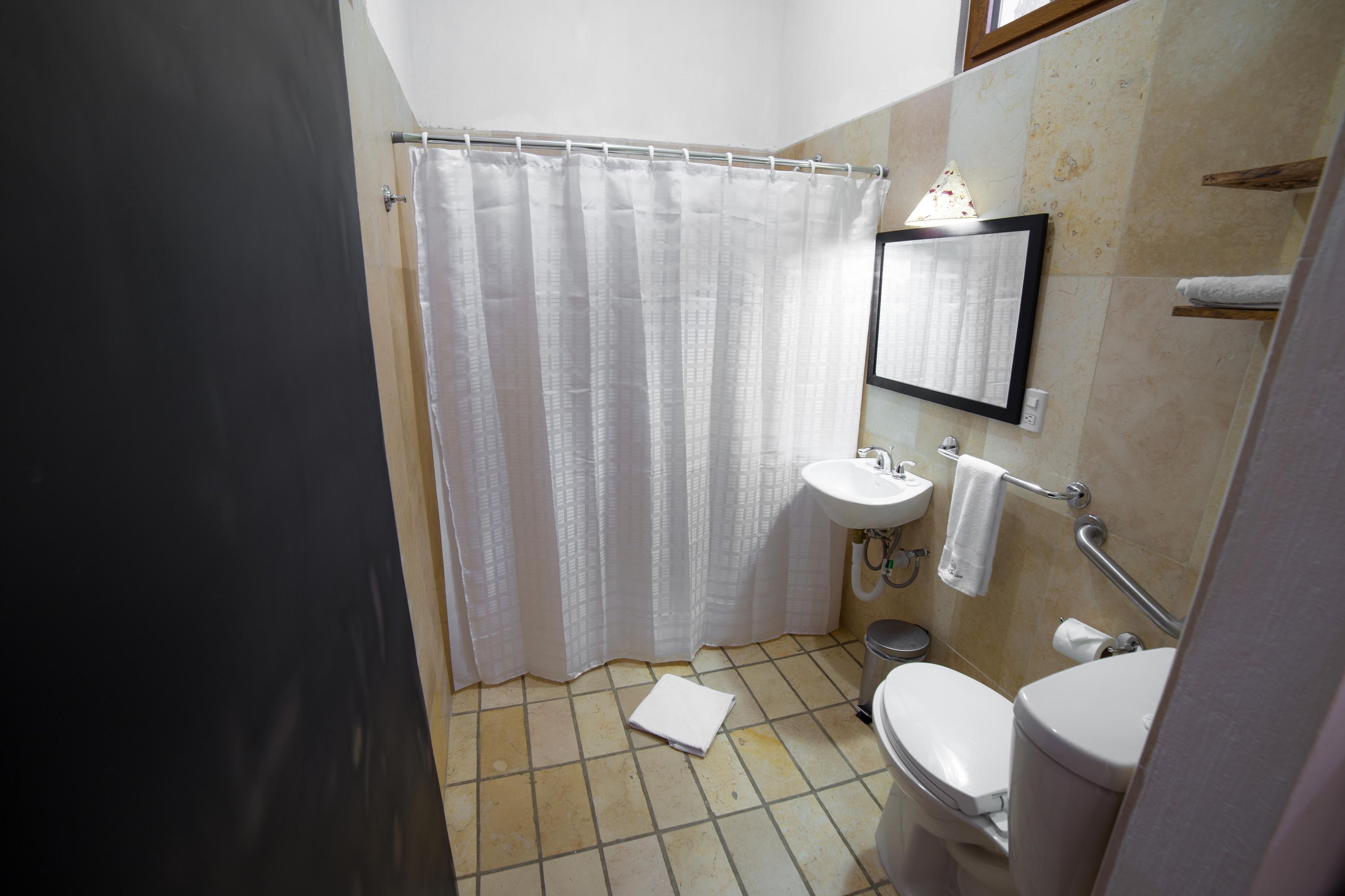 A small bathroom with a shower curtain, a sink, a toilet, and a mirror.