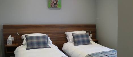 A hotel room with two beds, each with a plaid blanket and a pillow, a wooden headboard, a bedside table with a tissue box, and a painting on the wall.