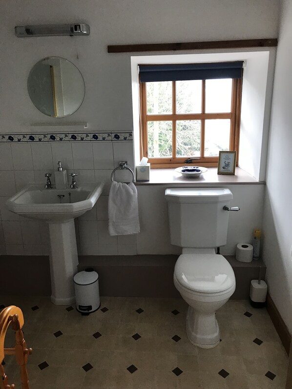 A bathroom with a sink, toilet, and window. - The Old Mill (Wooler)