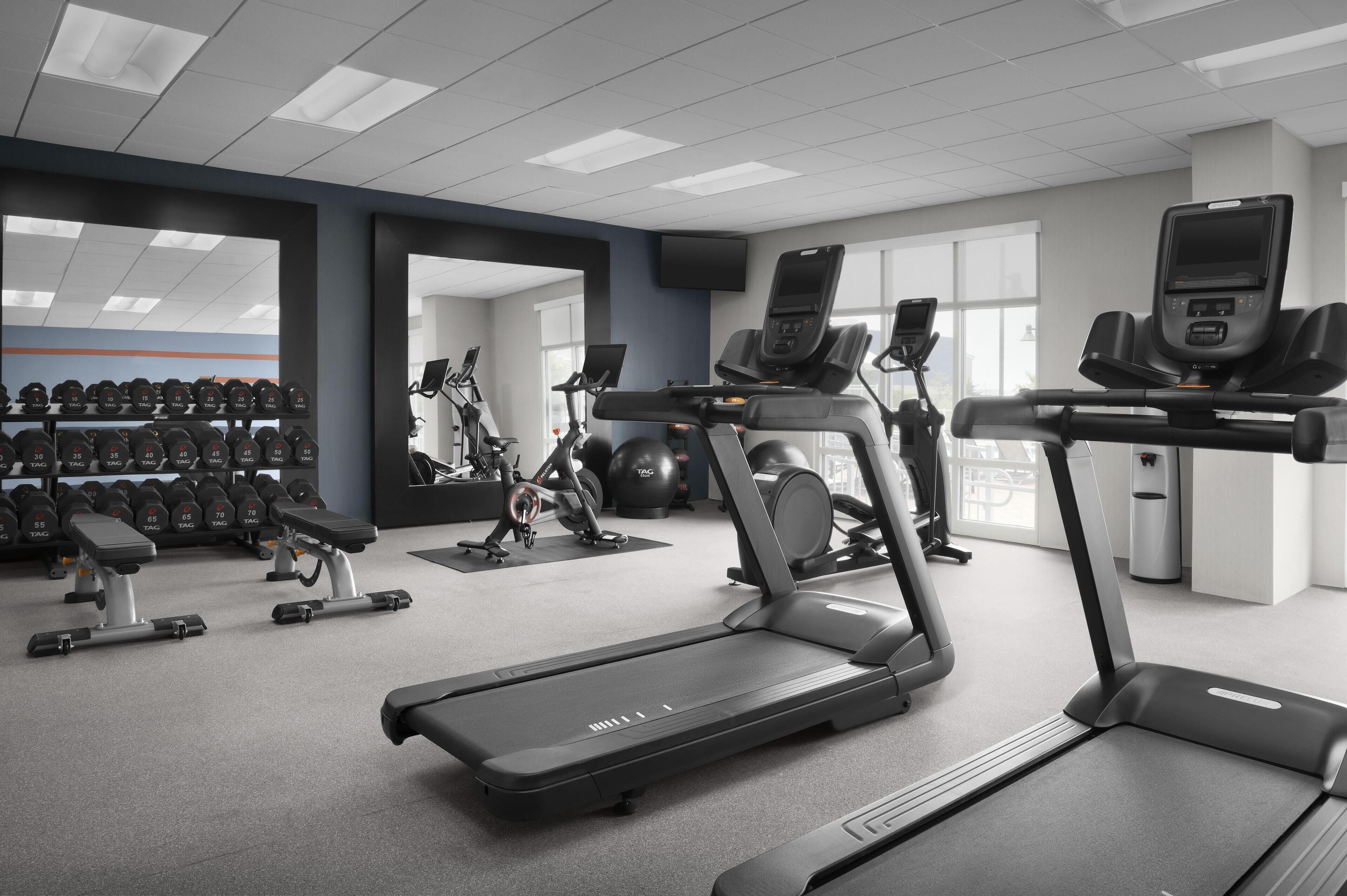 A modern gym with treadmills, dumbbells, and weight machines.