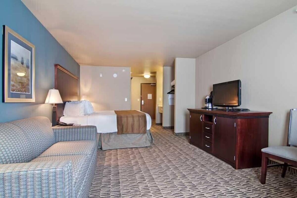 A hotel room with a bed, a sofa, a TV, and a desk.