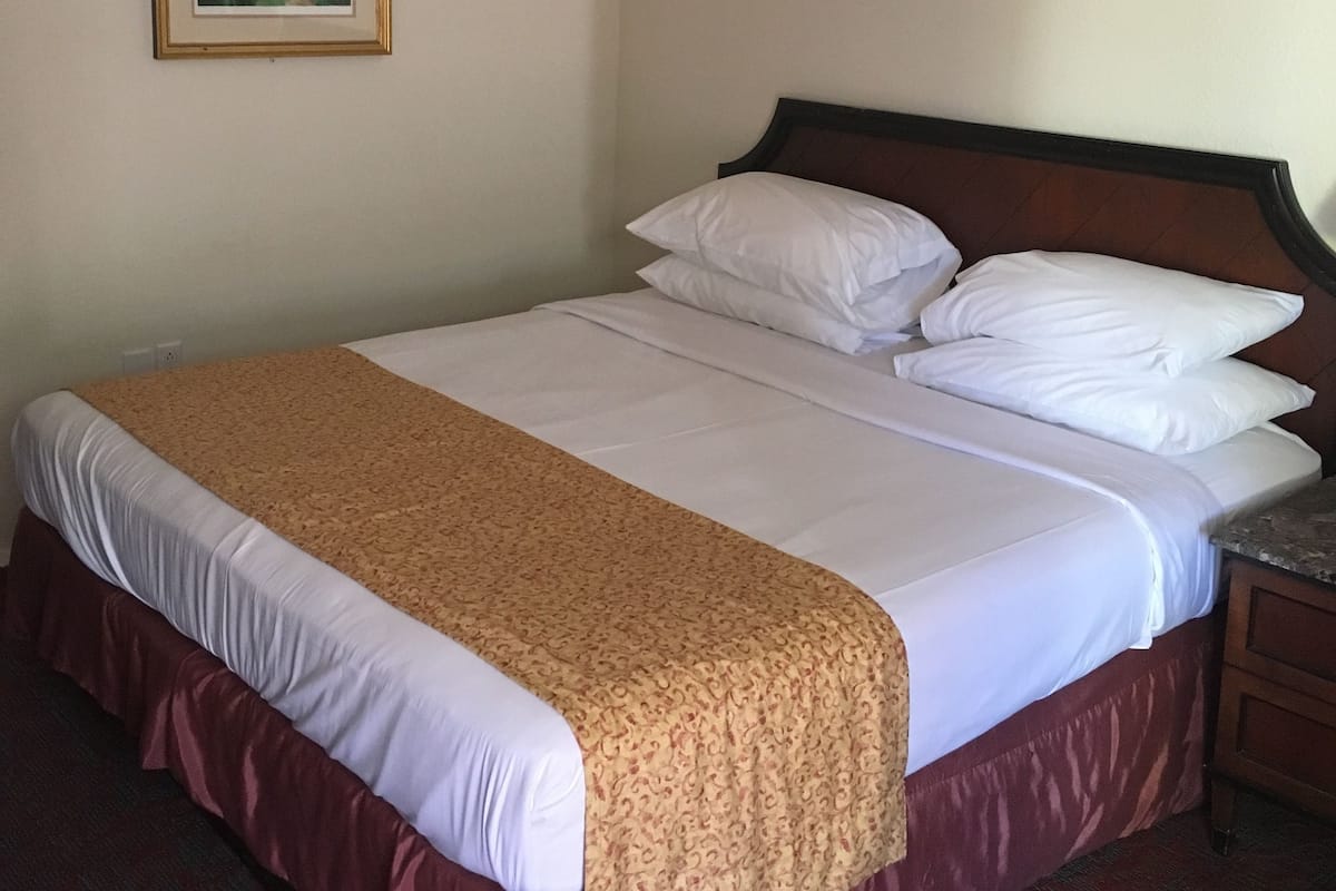 A hotel room with a single bed, a wooden headboard, a patterned bedspread, and a framed picture on the wall.