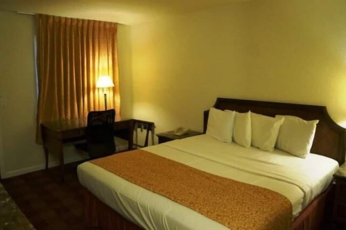 A hotel room with a bed, a desk, a chair, a lamp, and a curtain.