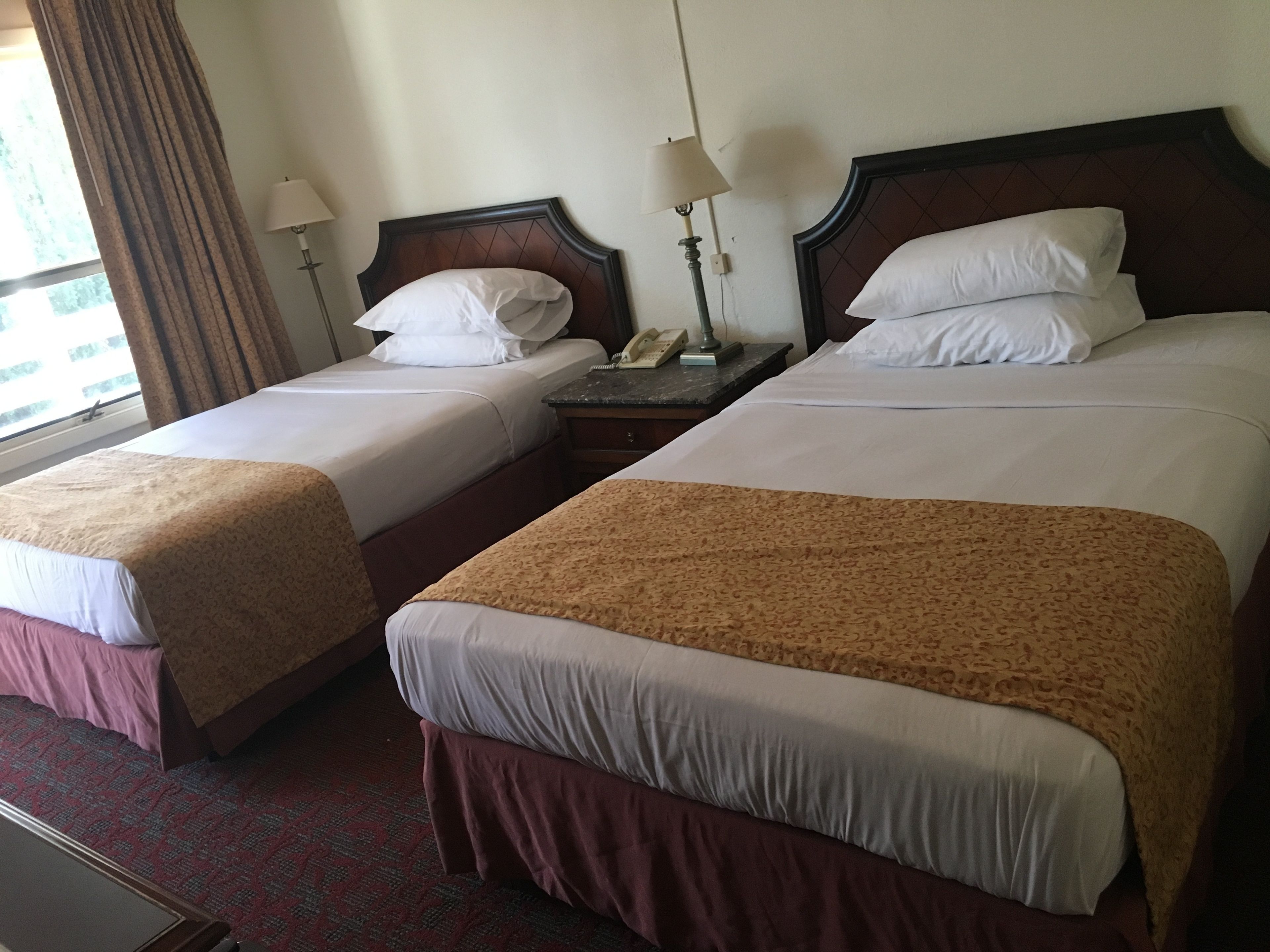 A hotel room with two beds, each with a wooden headboard, white linens, and a brown throw blanket. There is a nightstand with a lamp and a telephone between the beds.