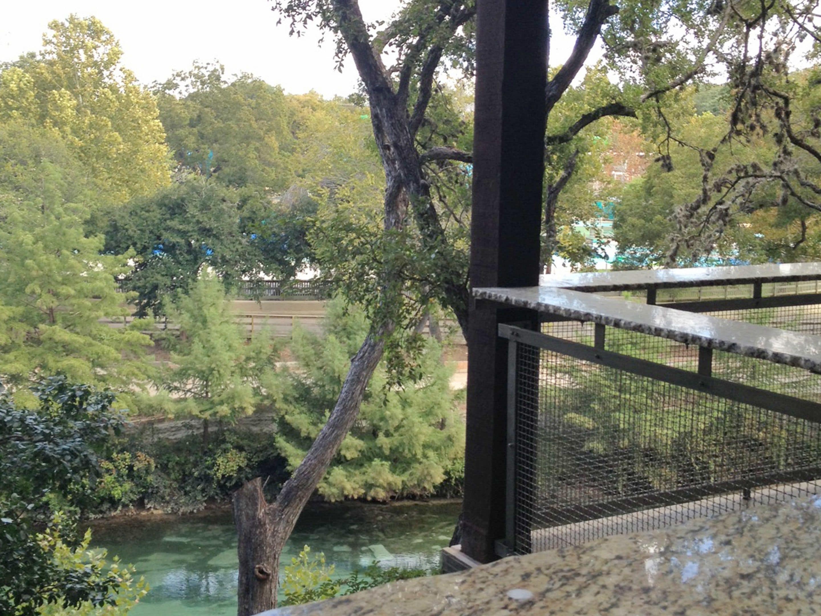 Un puente de piedra con barandilla metálica que da a un río y un parque con árboles y una valla al fondo.