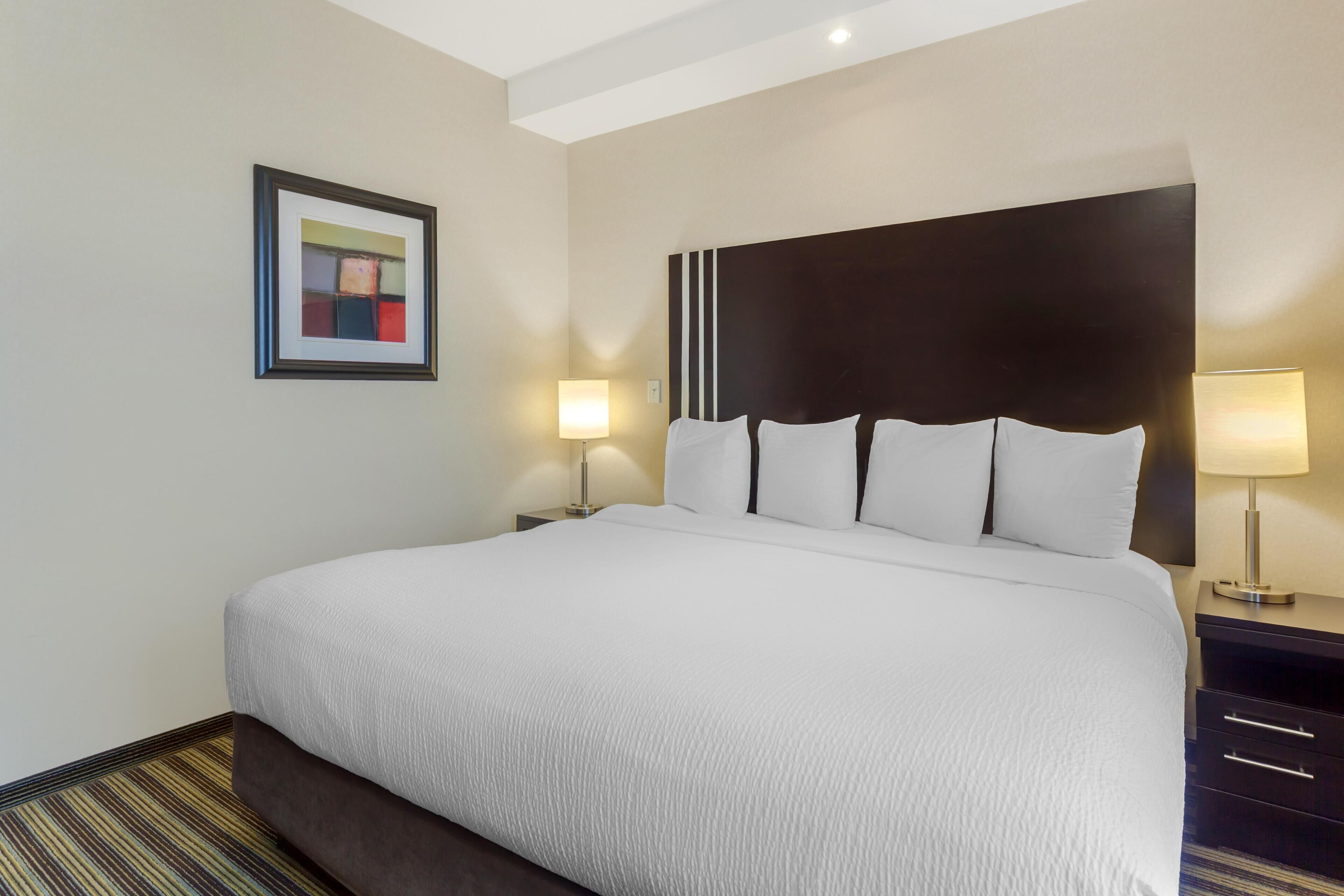 Habitación de hotel con una cama grande, dos mesitas de noche con lámparas, un cuadro en la pared y una alfombra a rayas.