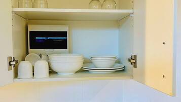 Fridge, microwave, coffee/tea maker, electric kettle