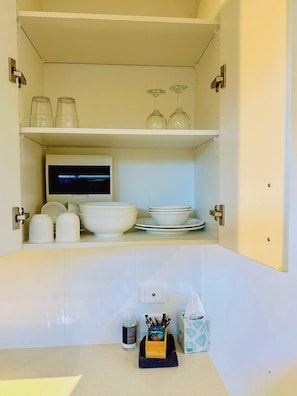 Fridge, microwave, coffee/tea maker, electric kettle