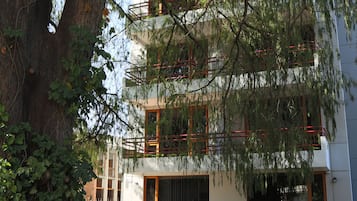 Un edificio moderno con un gran árbol en primer plano, un camino pavimentado y un coche aparcado cerca.