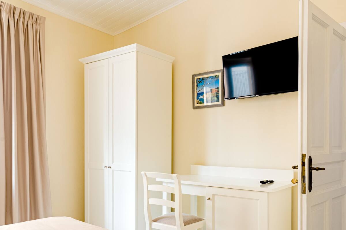 A bedroom with a bed, a desk, a chair, a television, and a wardrobe.
