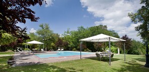 Außenpool (je nach Saison geöffnet), Sonnenschirme, Liegestühle