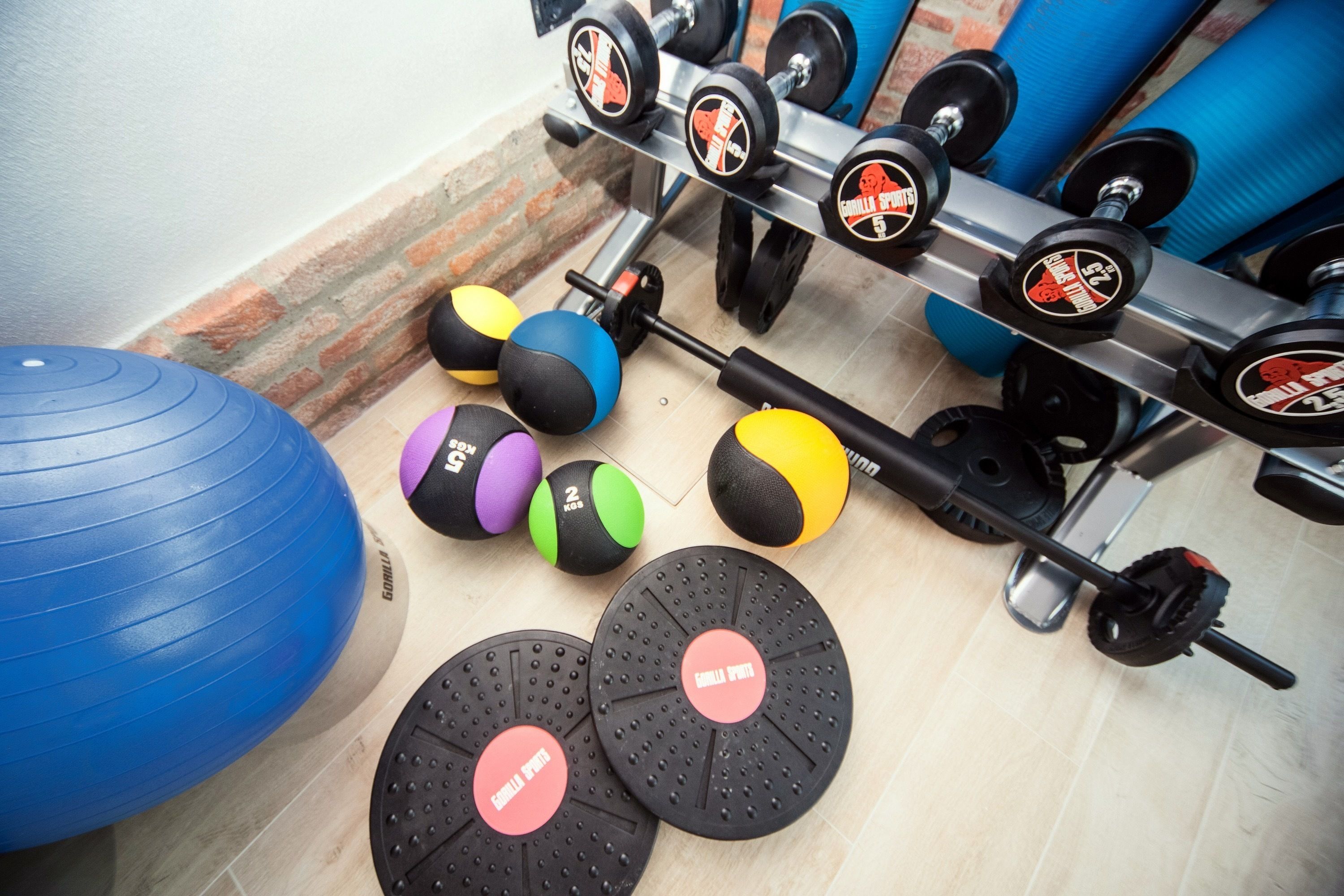 A gym with exercise equipment including a blue exercise ball, various colored medicine balls, and a rack of dumbbells.