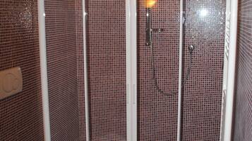 A bathroom with a shower enclosure, a toilet, and a sink.