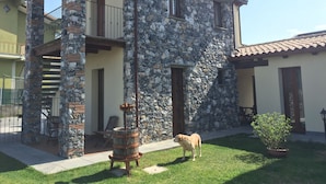 Un edificio de piedra con un balcón, un perro y una planta en maceta.
