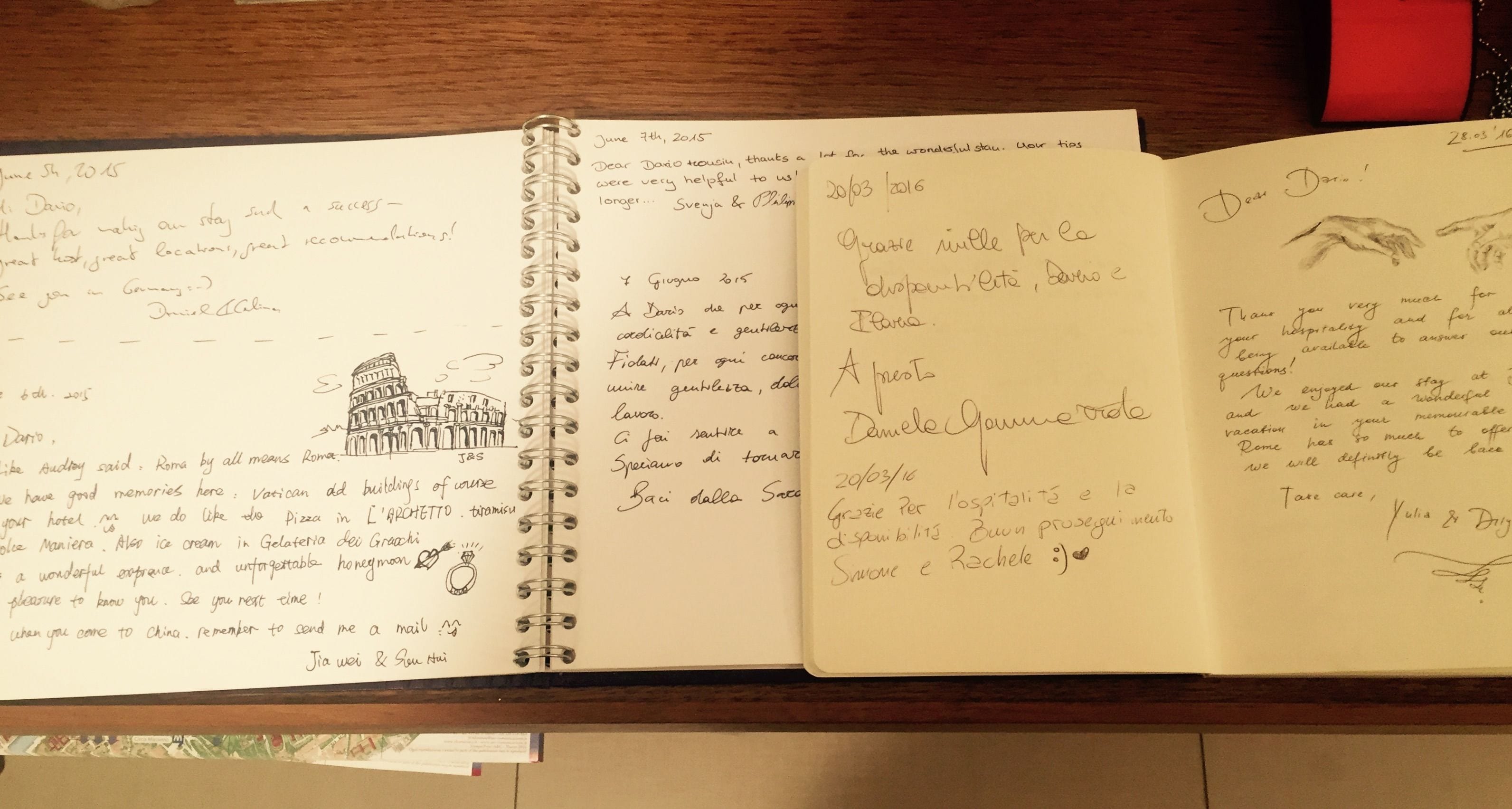 A notebook with handwritten travel notes, including dates and locations.