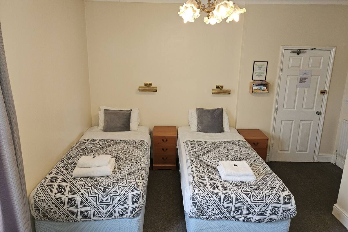 A twin room with two beds, a chandelier, bedside tables, and a door.