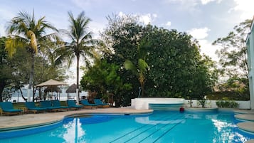 Alberca al aire libre, sombrillas en la alberca y camastros