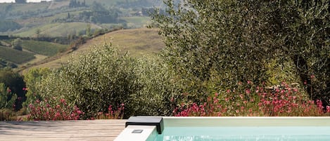 A wooden deck with a rectangular pool and a view of a cityscape in the background.