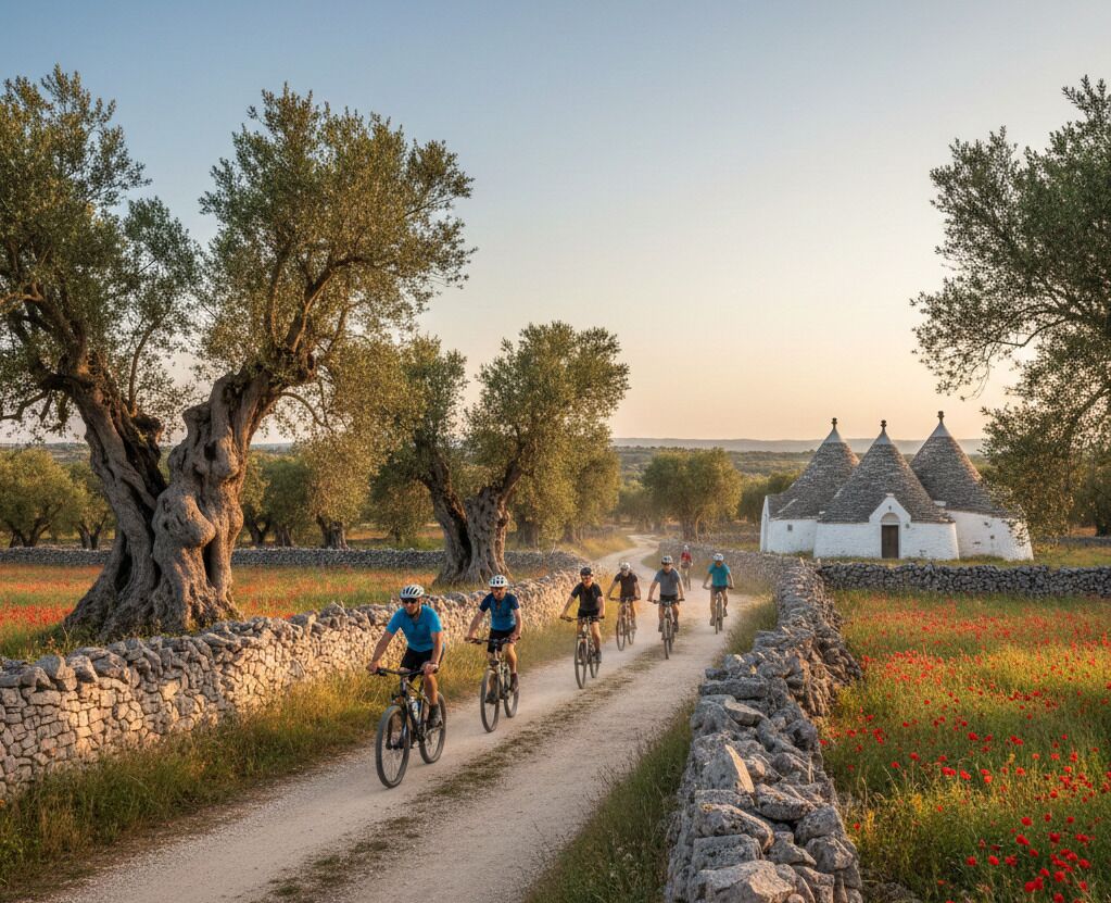 Una carretera rural con ciclistas, muros de piedra y un edificio blanco de techo cónico.