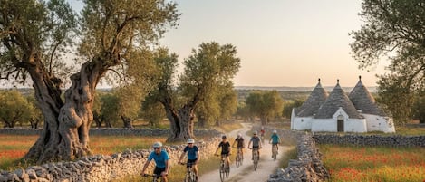A rural road with cyclists, stone walls, and a white building with a conical roof.