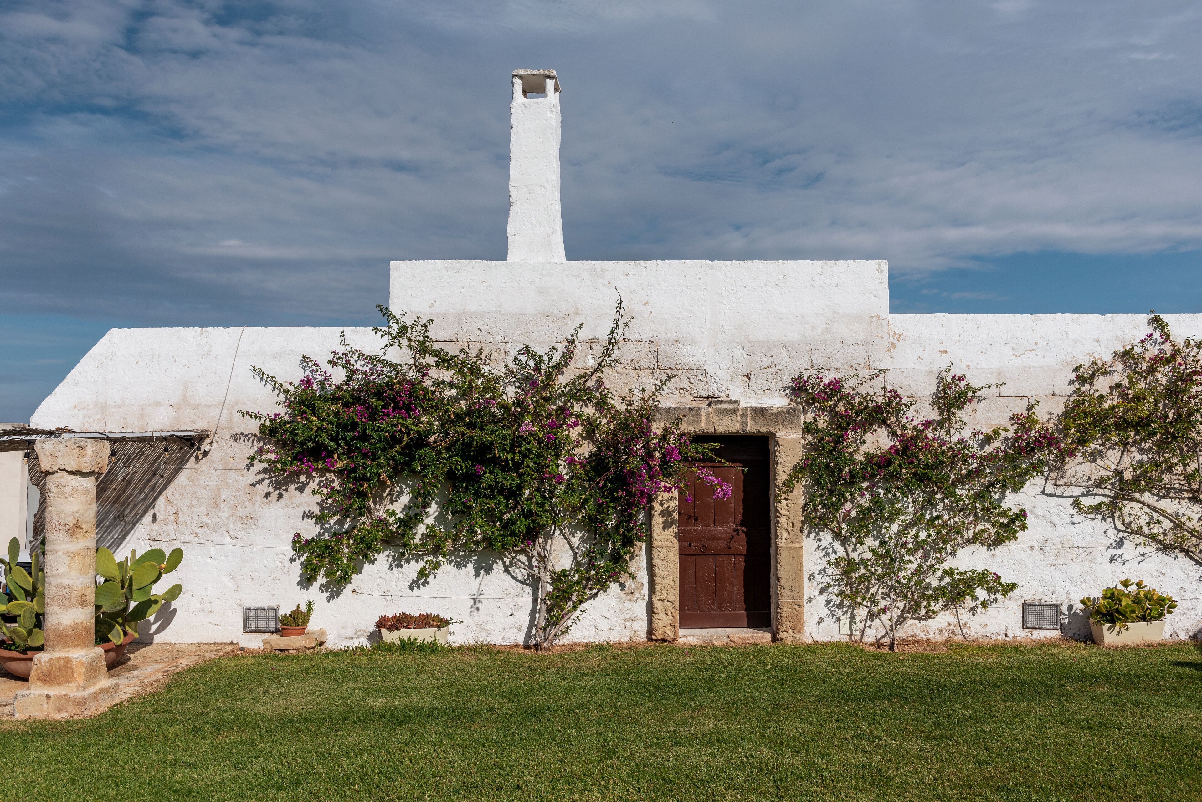 A white building with a brown door, surrounded by green grass and flowering plants.