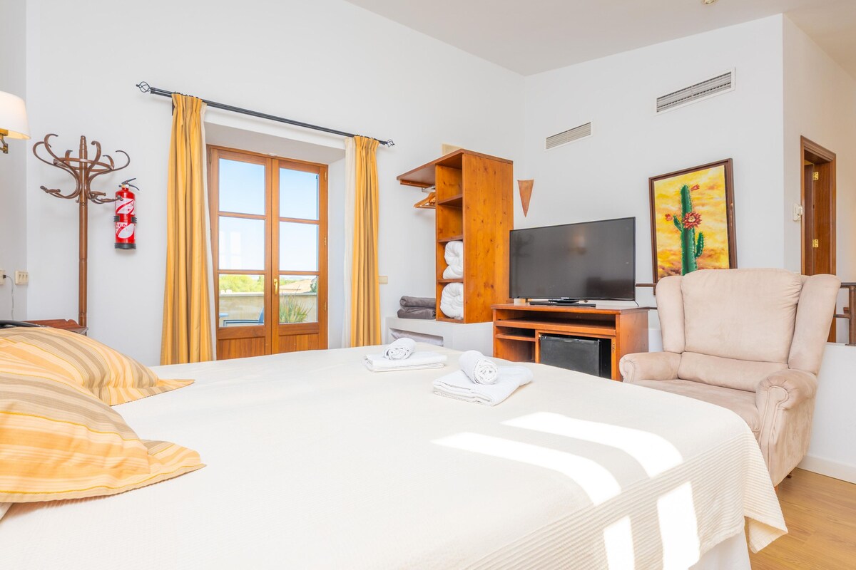 Habitación de hotel con cama, televisor, silla, perchero y un cuadro.