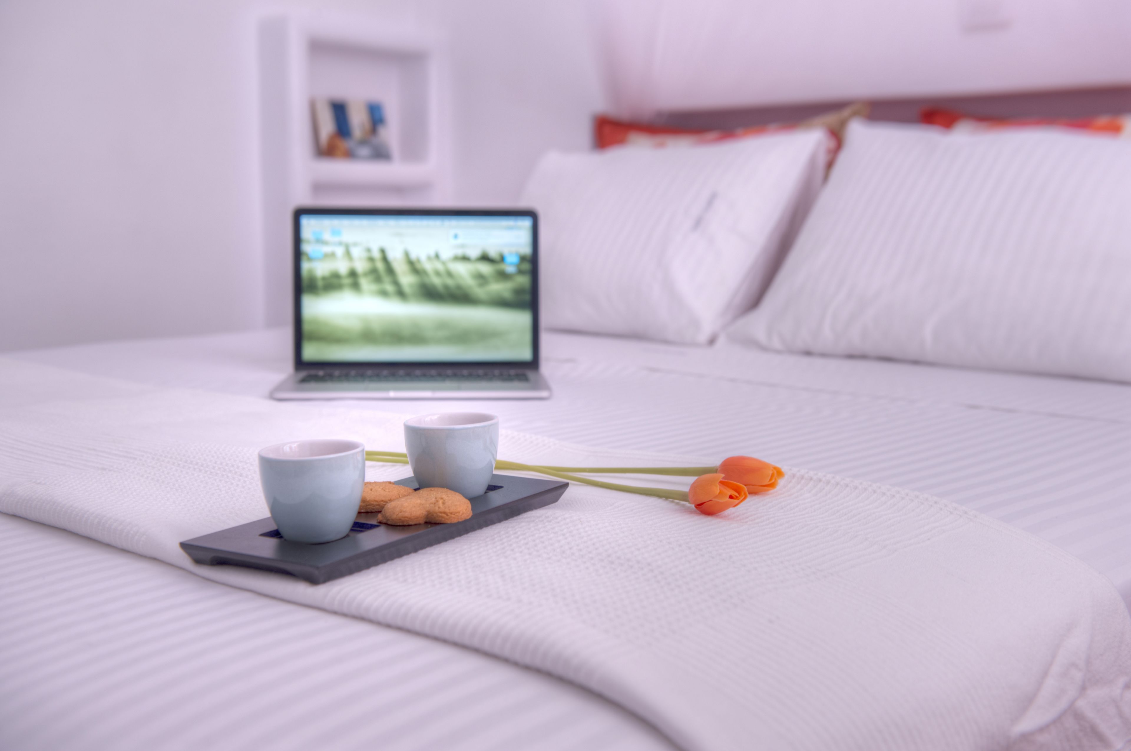 A neatly made bed with a laptop, two cups, cookies, and a flower on a tray.