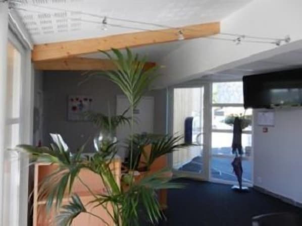 Een hal met een houten plafond, een plant en een deur naar buiten.