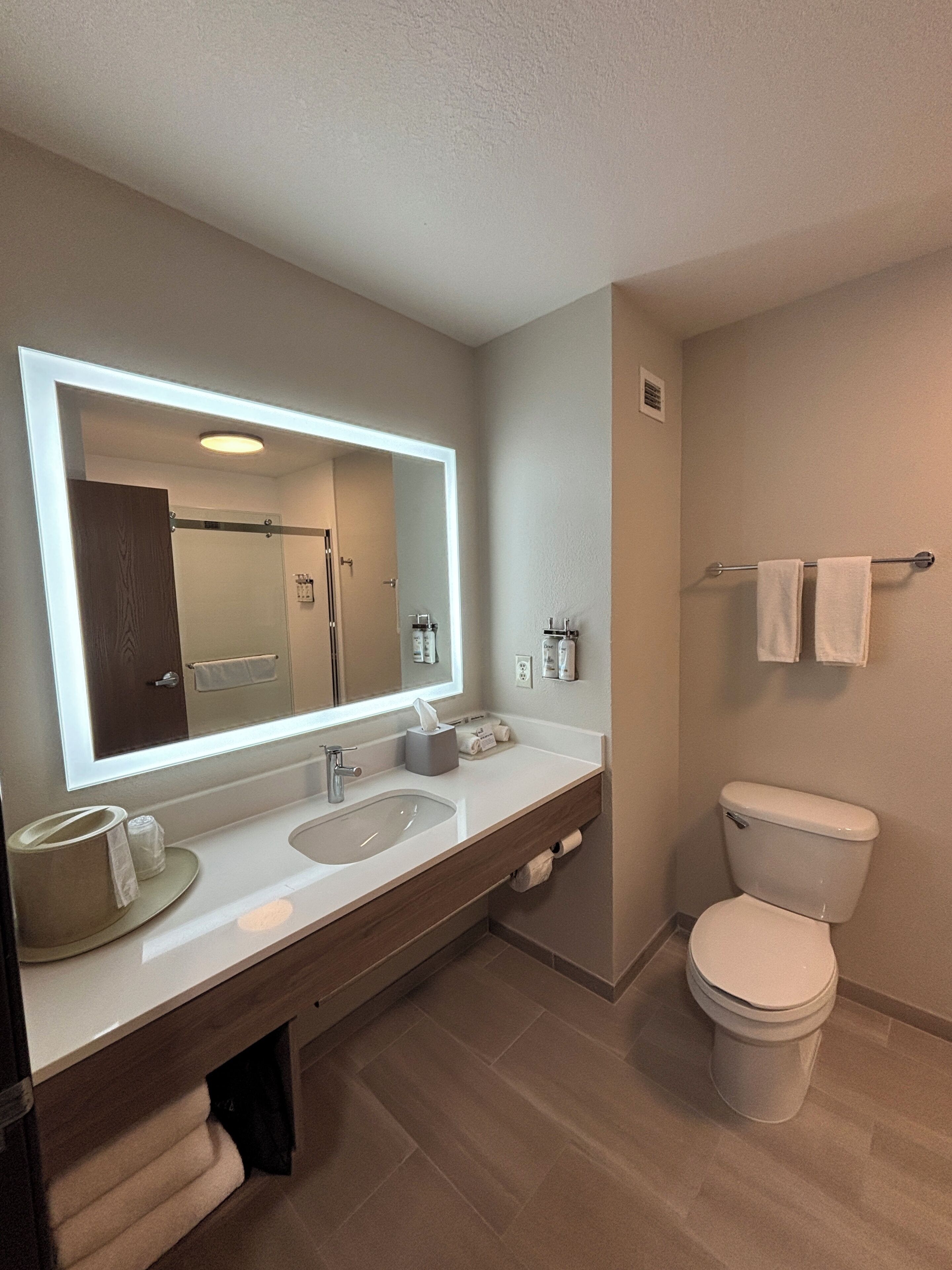 A modern bathroom with a large mirror, a sink, a toilet, and a towel rack.