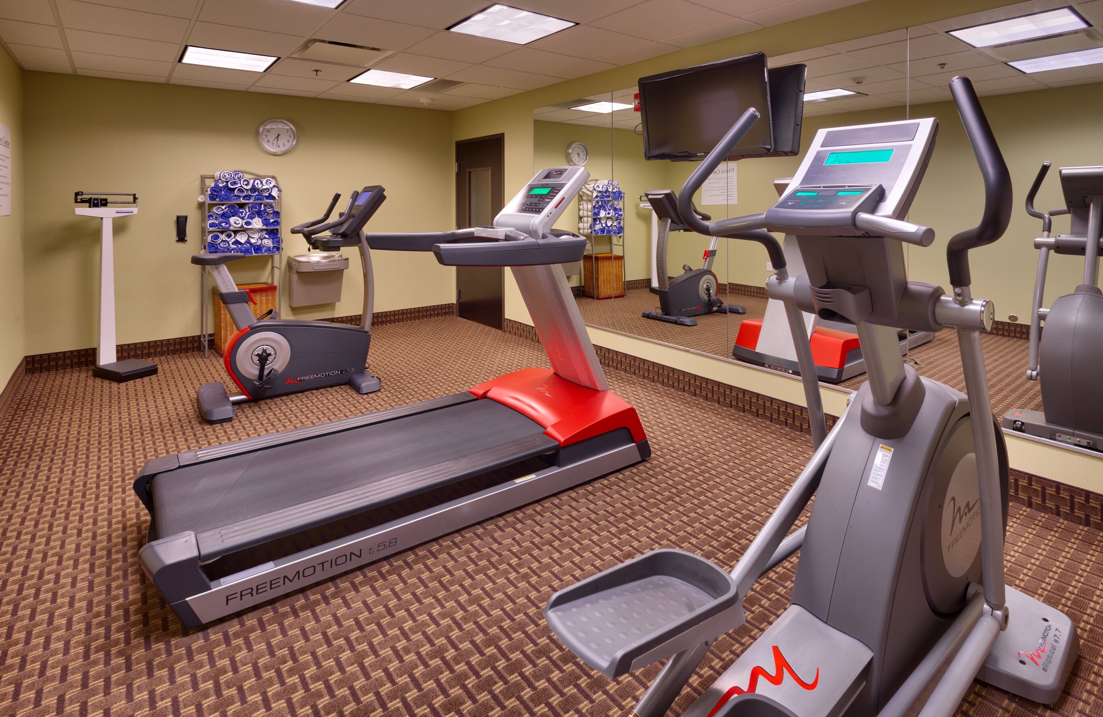 Et fitnesscenter med løbebånd, crosstrainere og en motionscykel.
