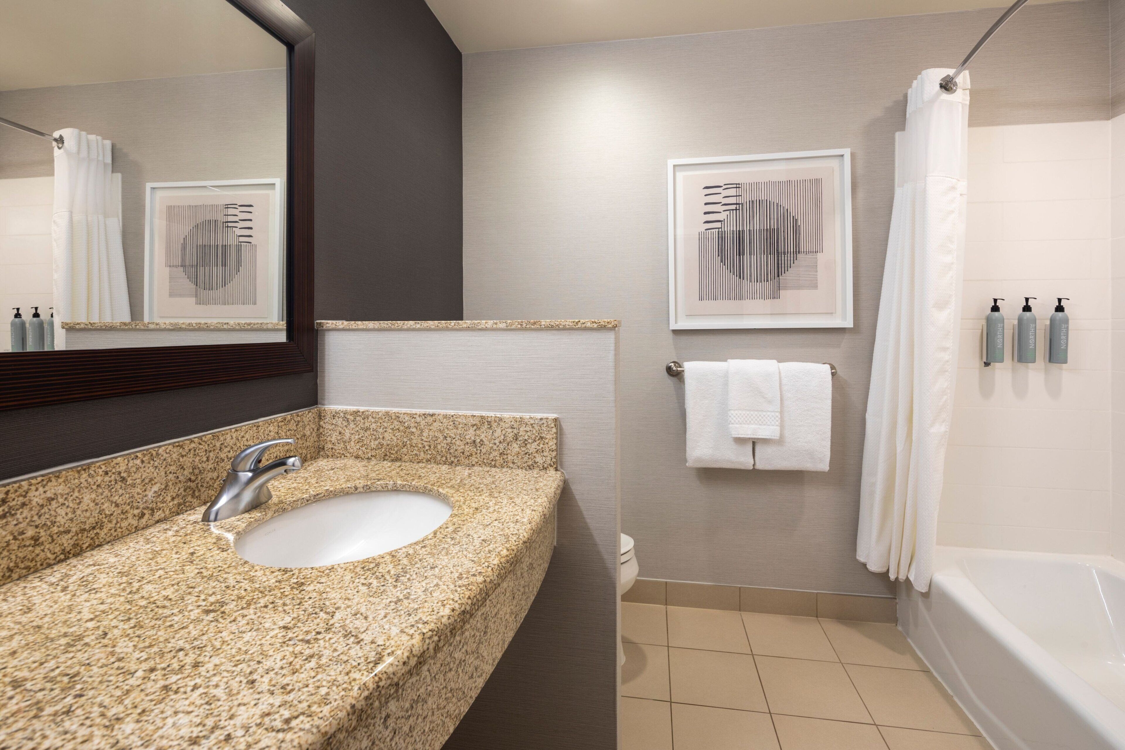 A modern bathroom with a granite sink, a mirror, a shower, and two framed artworks on the wall.