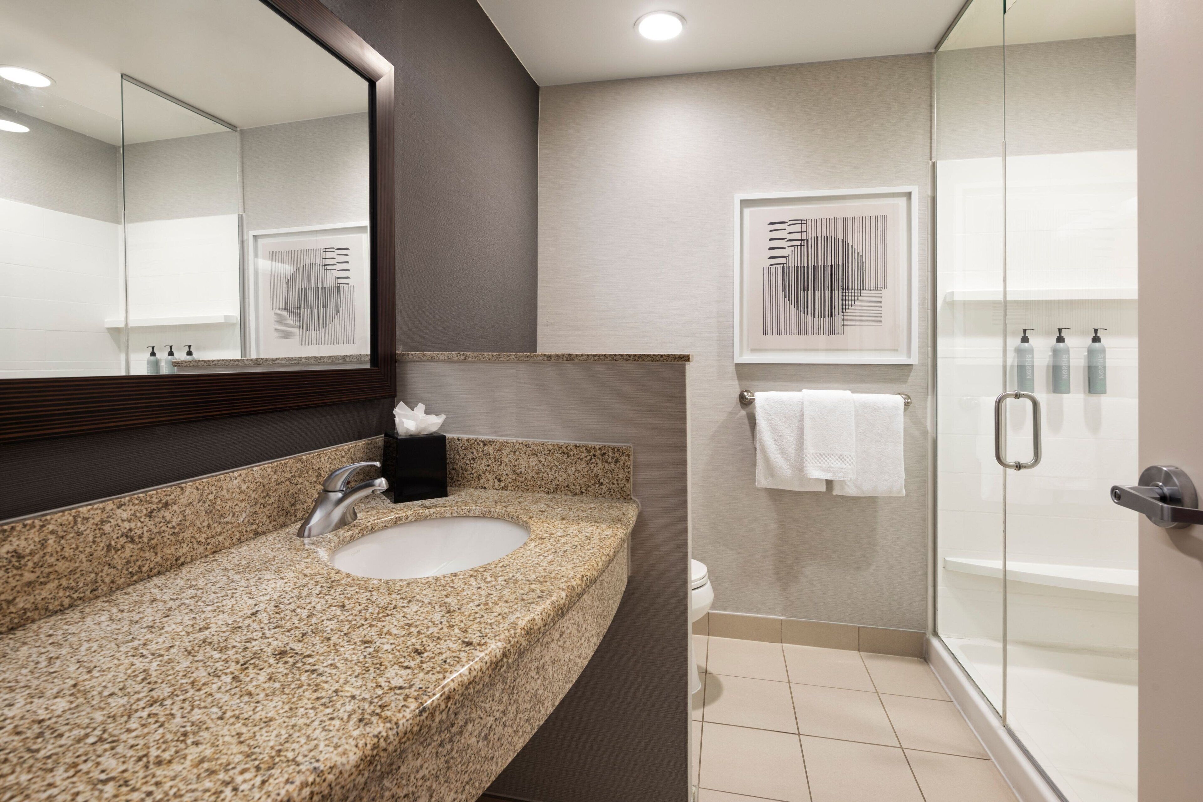 Un baño moderno con lavamanos de granito, un espejo grande y cabina de ducha de vidrio.