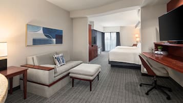 Premium bedding, pillowtop beds, desk, laptop workspace