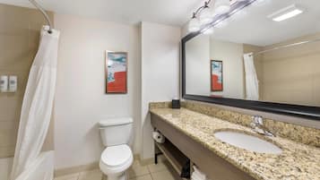 Hydromassage showerhead, free toiletries, hair dryer, towels