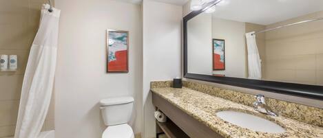 A bathroom with a toilet, sink, shower, and a large mirror.