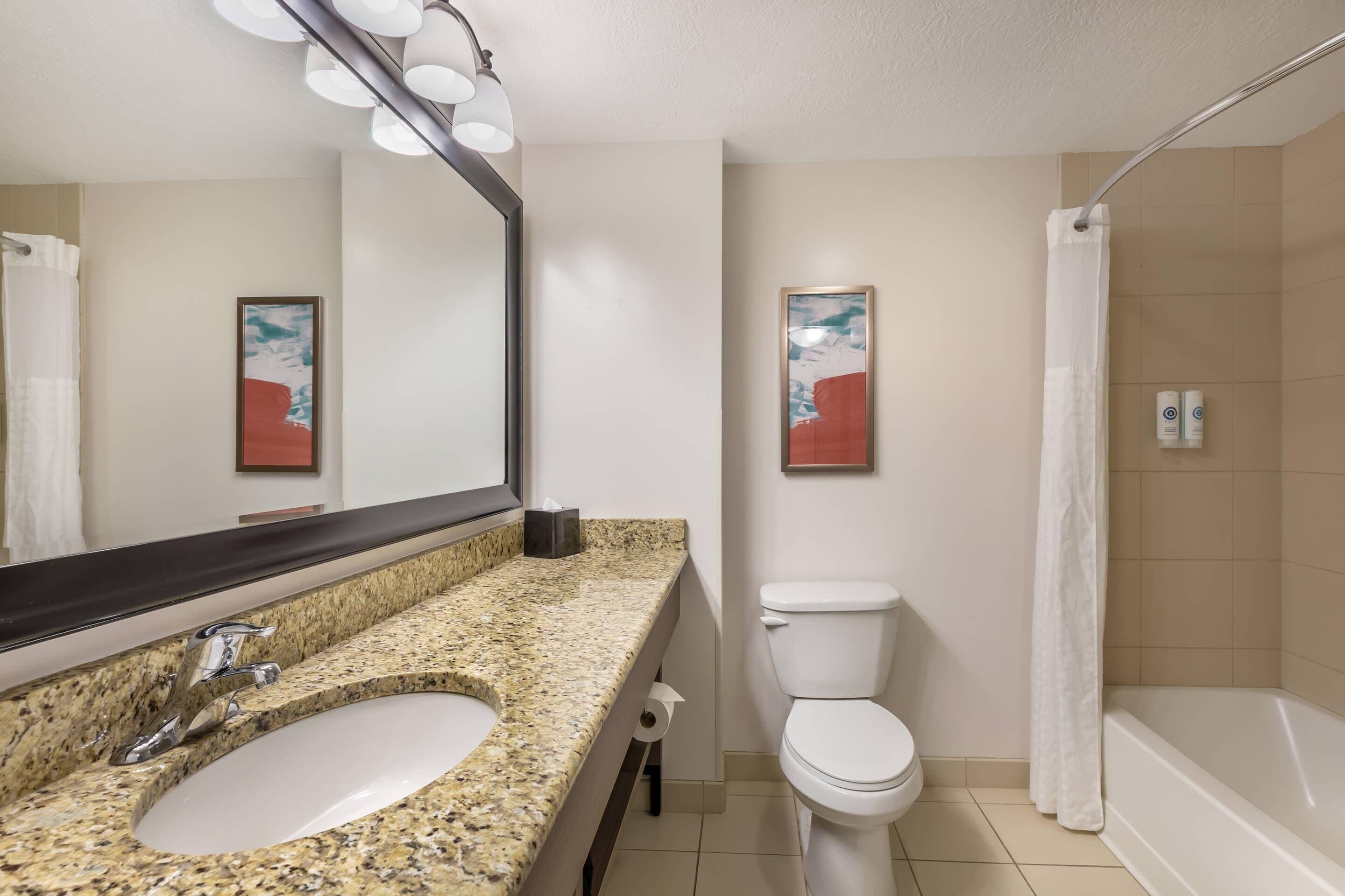 A bathroom with a granite countertop sink, a white toilet, a shower with a white curtain, and two framed abstract paintings on the wall.