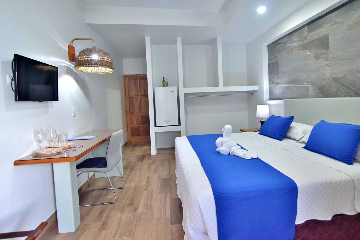 Una habitación de hotel con cama, escritorio, silla, televisor y armario.