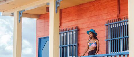 A balcony with blue railings and a person standing on it.