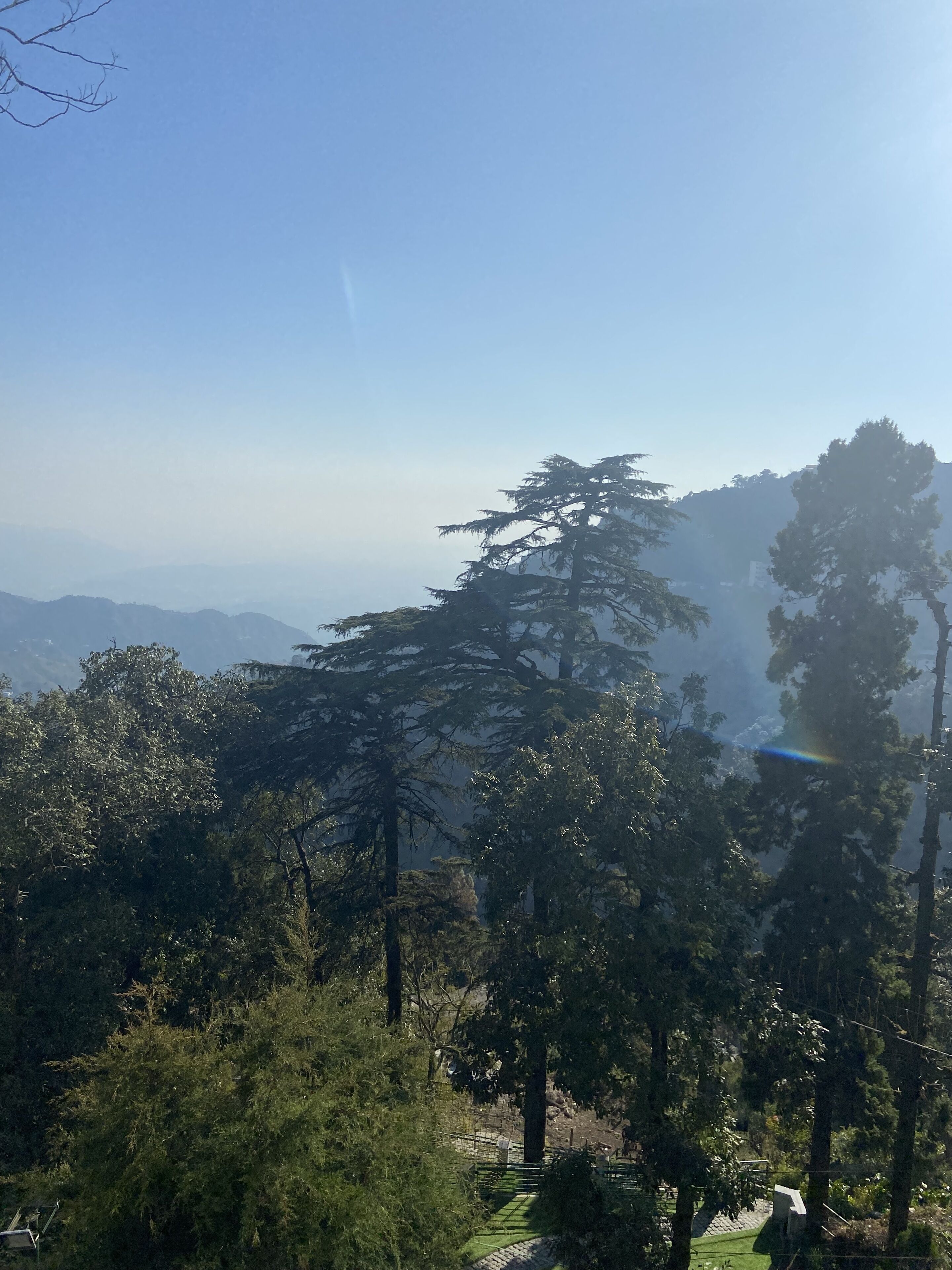 A mountainous landscape with dense forest and a clear sky.