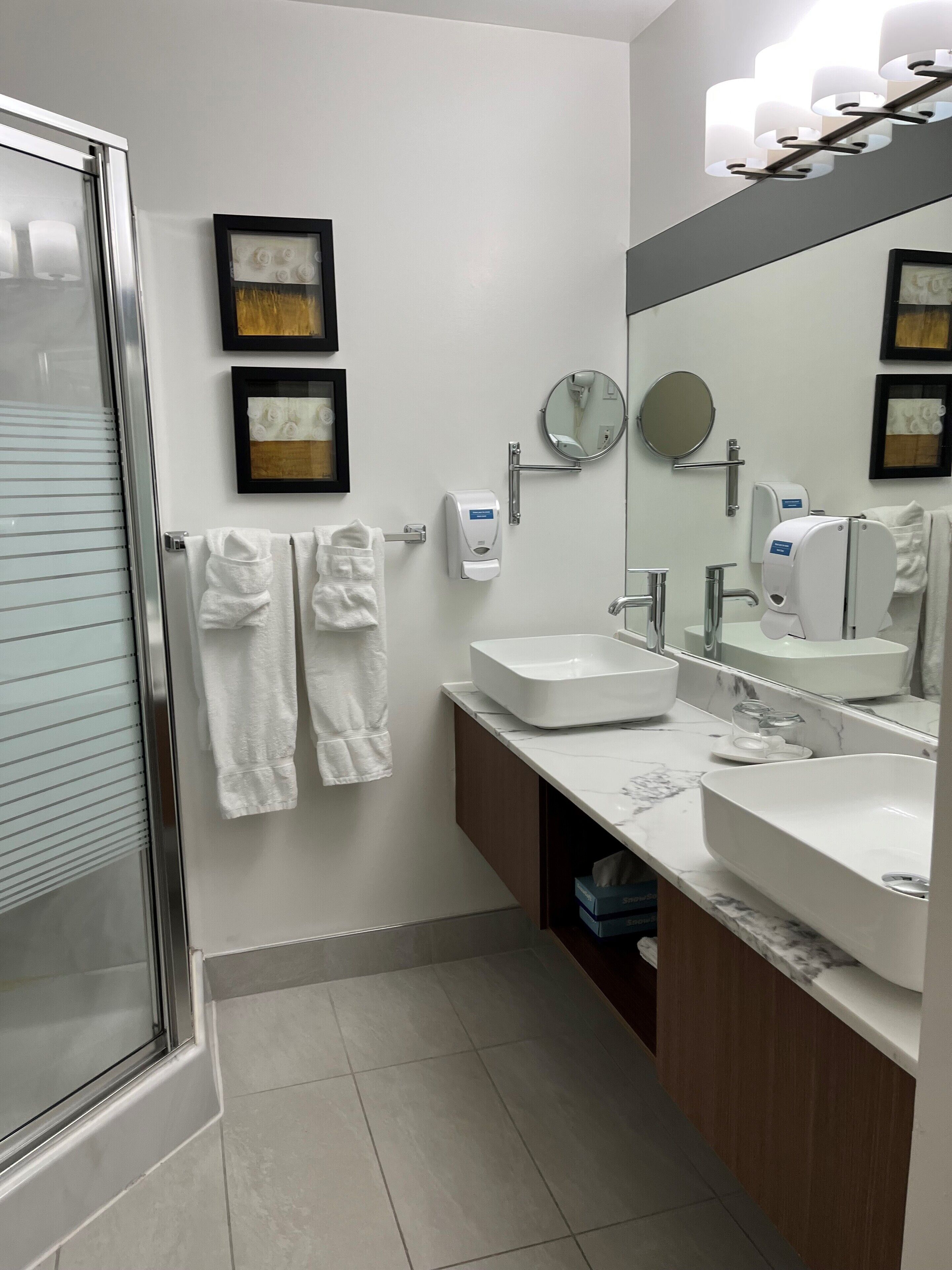 A modern bathroom with a glass shower enclosure, two sinks, a large mirror, and framed artwork on the wall.