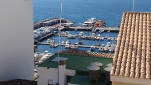 Ein Yachthafen mit vertäuten Booten, einer Anlegestelle und Blick auf das Meer sowie entfernte Berge.