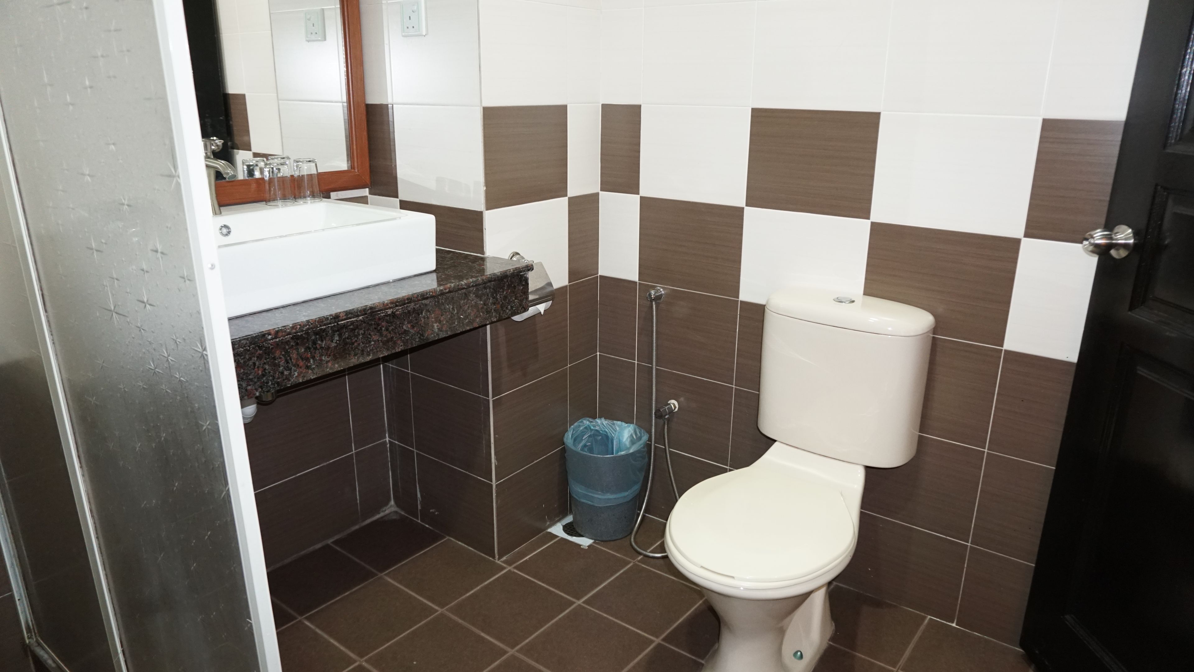 A bathroom with a white sink, a toilet, and a shower.
