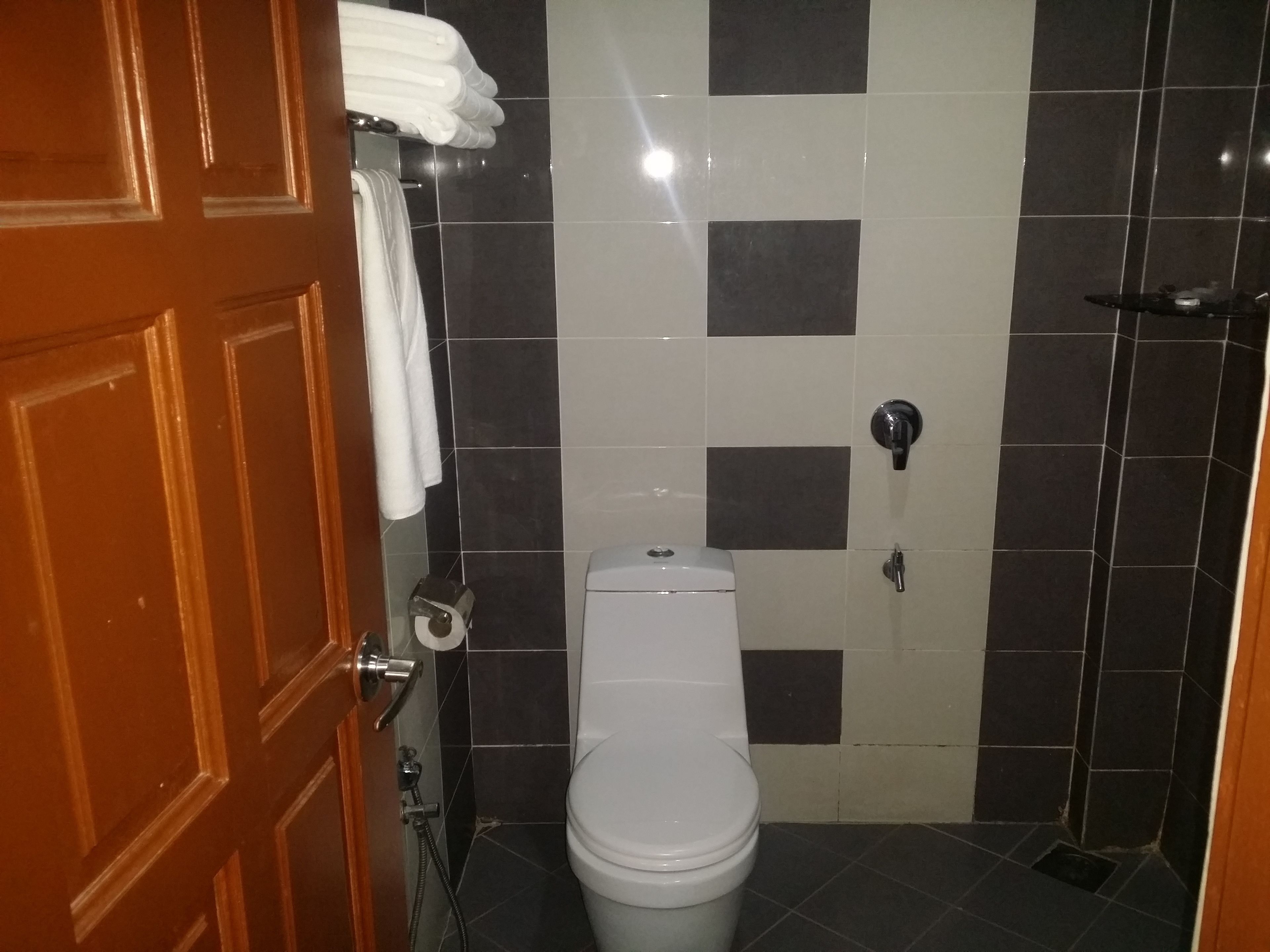 A bathroom with a toilet, a shower, and a sink.