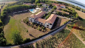 Vista aérea de una zona residencial con varias casas, una piscina y un viñedo.