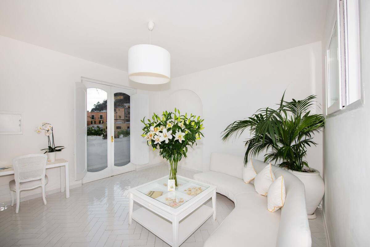 A modern living room with a white sofa, a glass coffee table, and a large potted plant.
