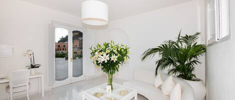 A modern living room with a white sofa, a glass coffee table, and a large potted plant.